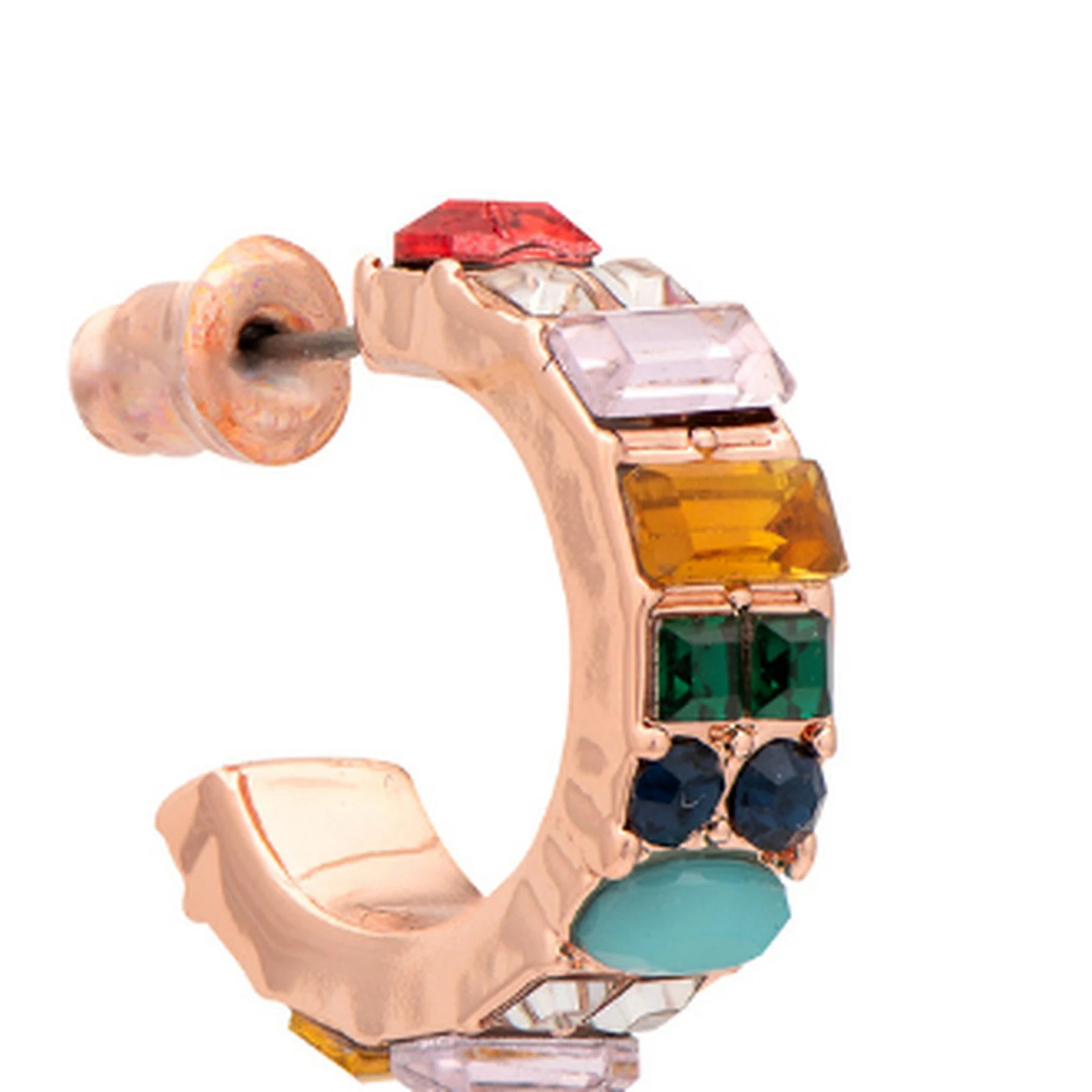 Close-up of a Bella & Beau multicolour crystal hoop earring