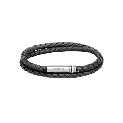 BOSS Ares black braided leather bracelet front view
