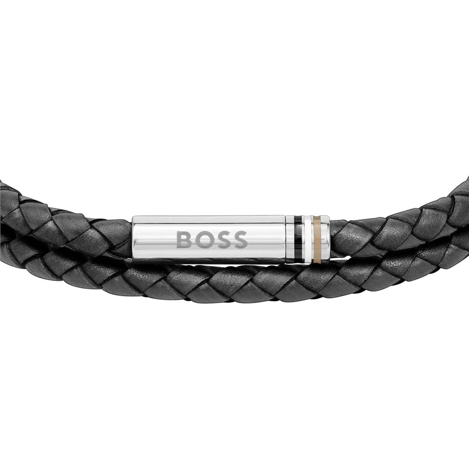 Close-up of BOSS Ares bracelet stainless steel logo clasp