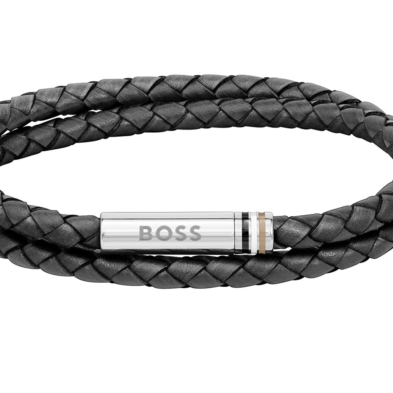 Detail of BOSS Ares black braided leather bracelet