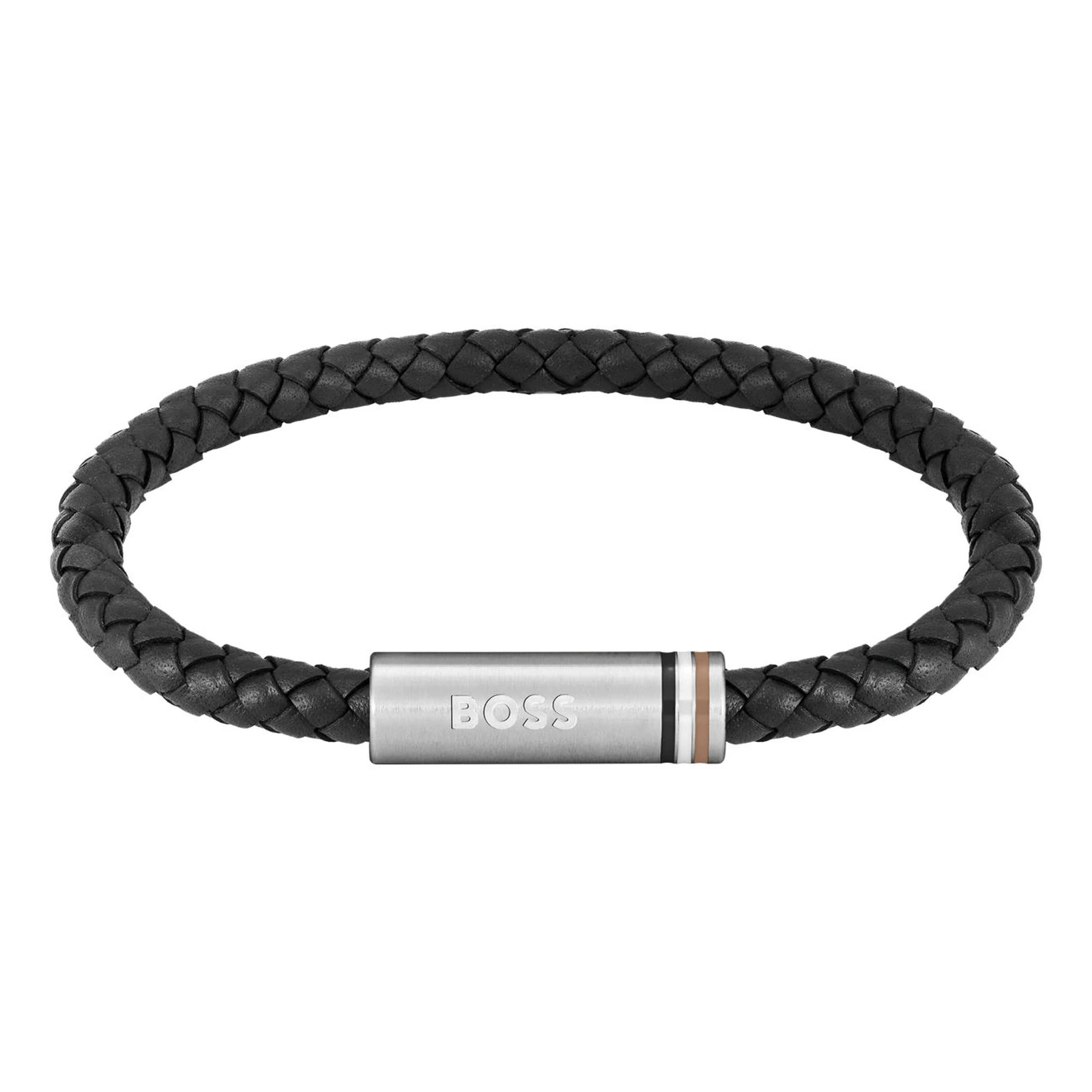 BOSS Ares double-wrap black leather bracelet horizontal view