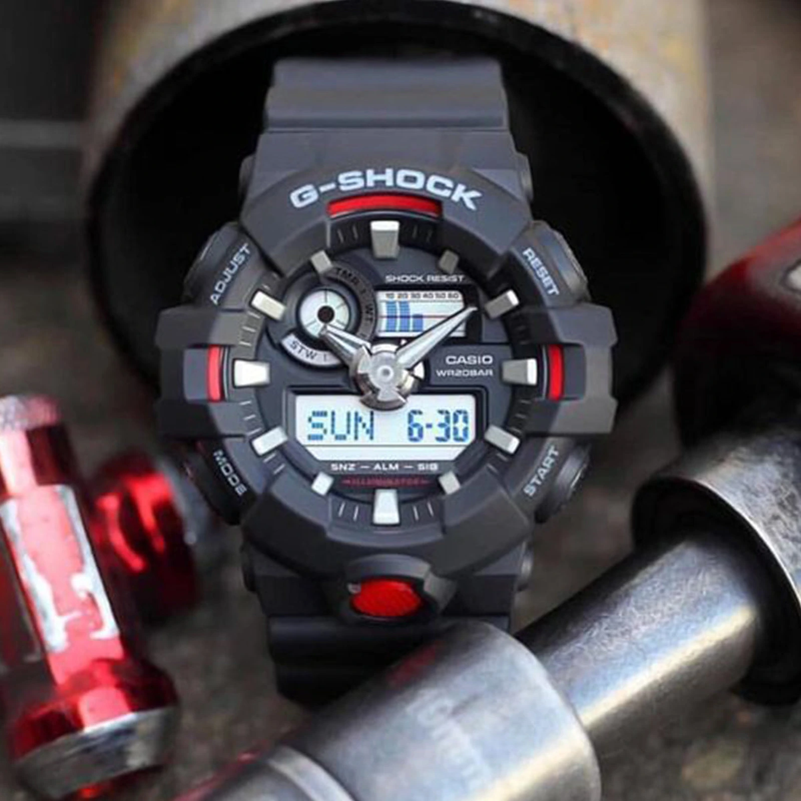 Angled view of Casio G-Shock GA-700SF-1ADR black sports watch