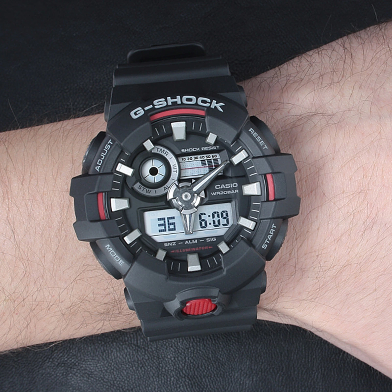 Casio G-Shock GA-700SF-1ADR black watch worn on the wrist