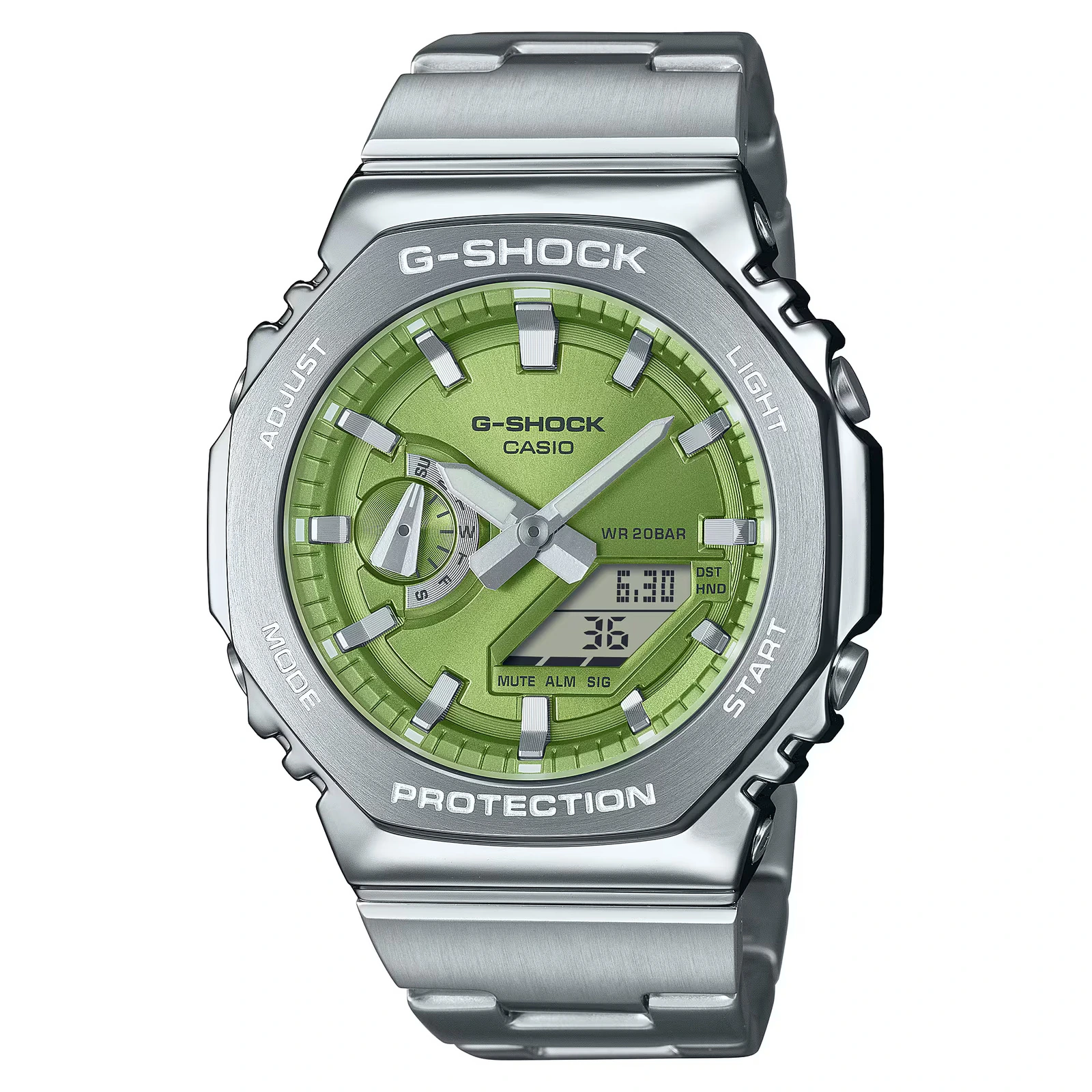 Casio G-Shock GM-2110D-3AJF stainless steel green dial watch front view