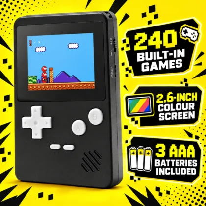 Tikkers Handheld Games Console with its features: 240 built-in games, 2.6-inch colour screen, 3 AAA batteries included