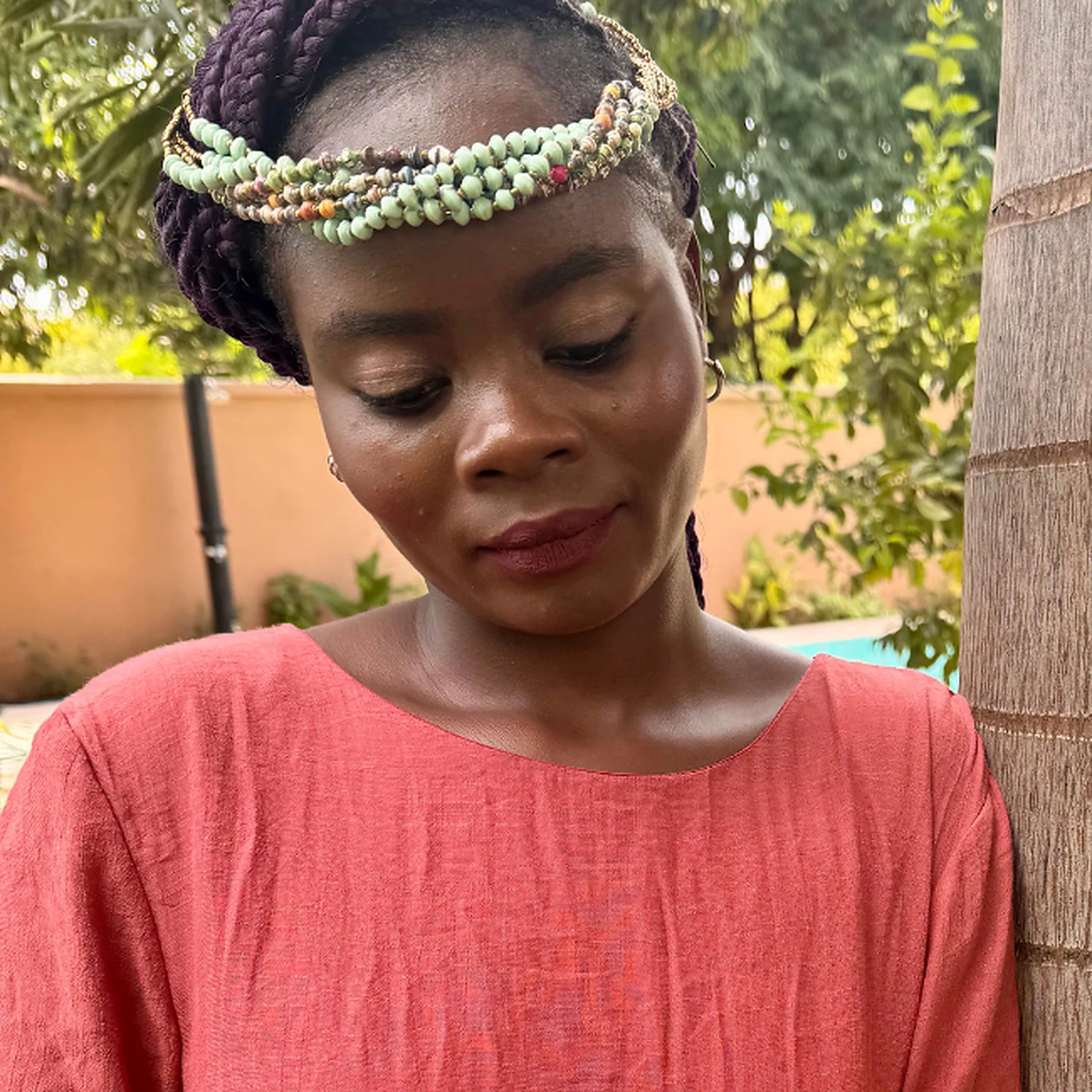 Close-up of Wamama Wetu seed bead headband handcrafted in Kenya