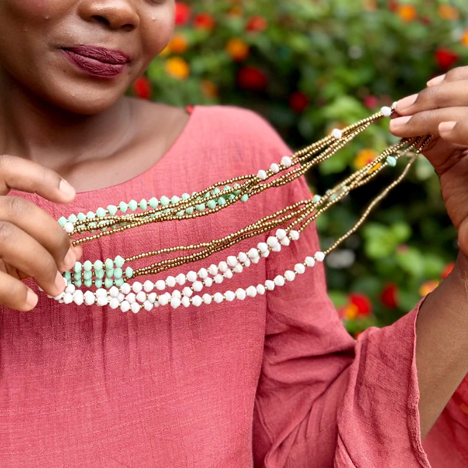 Layered multicolour Wamama Wetu glass seed beads detail